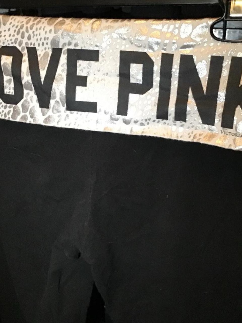 PINK Victoria's Secret Black Leggings with Metallic Silver Logo Waistband